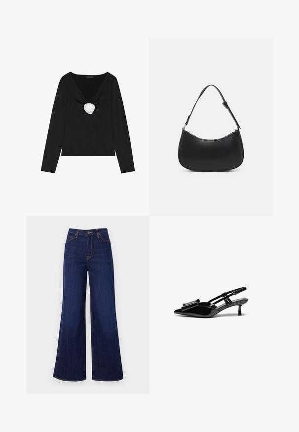 Zwarte lange mouw top met een diepe V-hals en een witte stoffen rozenaccent in het midden. Gladde textuur met een getailleerde pasvorm.; Donkerblauwe wijde jeans van denim, met een hoge taille, vijf zakken en contrasterende oranje stiksels langs de naden.; Zwarte gepatineerde lederen slingback hakken met een puntige neus, een strikdetail aan de voorkant en een kleine stilettohak. De bandjes hebben verstelbare gespen.; Pieces PCALUANA SHOULDER BAG - Handtas - black
