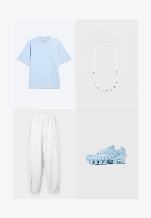Lichtblauw T-shirt met korte mouwen en ronde hals, met een ontspannen pasvorm, getoond tegen een effen, lichte achtergrond.; Lichtgrijze sweatpants gemaakt van zachte stof, met een elastische tailleband, taps tolopende benen en enkelmanchetten. Eenvoudig ontwerp zonder patronen.; Lichtblauwe sportieve sneaker met witte Nike-swoosh, opvallende segmenten in de schokabsorberende zool en een gestreepte mesh bovenkant.; Witte parelketting met zilveren strass tussenstukjes en een zilveren ketting sluiting, weergegeven tegen een eenvoudige lichte achtergrond.