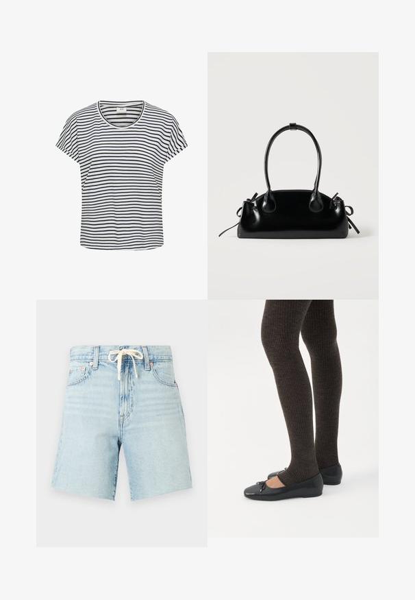 T-shirt rayé en blanc et marine, fabriqué en tissu doux. Il présente un col rond et des manches courtes avec une coupe décontractée.; Shorts en denim bleu clair avec taille à cordon, ourlet légèrement effiloché et cinq poches. Présente une texture décolorée et des accents de rivets en cuivre.; Jambes portant des leggings côtelés foncés associés à des ballerines noires avec de petits détails en nœud sur fond blanc.; Petit sac à main noir brillant avec deux longues anses et des détails à cordon sur les côtés sur un fond clair uni.