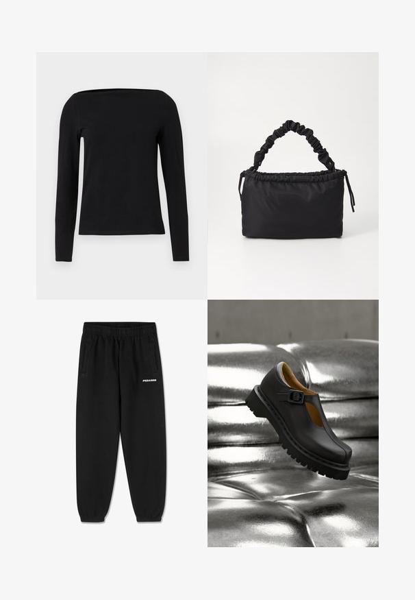 Zwarte top met lange mouwen en een vierkante halslijn, gemaakt van zachte stof. Heeft een aansluitend silhouet en naadloze manchetten voor een strak ontwerp.; Zwarte sweatpants van zacht materiaal, met een verstelbare tailleband, taps toelopende benen en zijzakken. "PEGADOR" logo in het wit op de voorkant.; Zwarte leren Mary Jane schoen met dikke geribbelde zool en gesp aan de band, zwevend boven een glanzend zilveren getufte oppervlak.; Zwarte tas gemaakt van zacht, gladde stof. Beschikt over een geplooide handgreep en een trekkoordsluiting, met een rechthoekige vorm en geen zichtbare hardware.