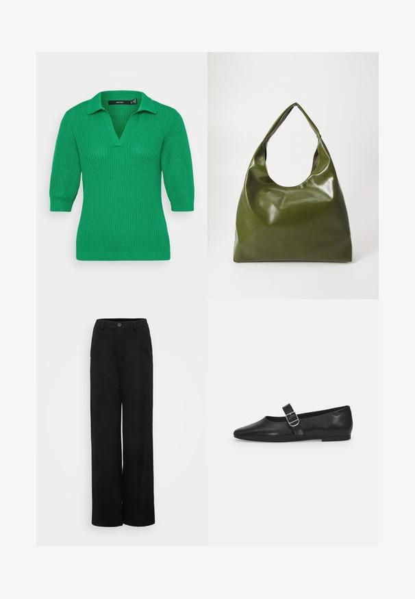 Groene gebreide pullover met een V-hals en korte mouwen. De textuur van de stof heeft een geribd patroon; voorzien van een klassieke kraag.; Zwarte wijde broek met een gladde textuur, voorzien van een knoopsluiting en voorzakken. Klassiek en veelzijdig ontwerp geschikt voor verschillende gelegenheden.; Zwarte leren platte schoen met een ronde neus, een enkele verstelbare gespsluiting en een gladde, glanzende textuur. Minimalistisch ontwerp met een lage hak.; Groene leren hobotas met een slordig ontwerp, gebogen handvat en een gladde textuur. Bevat geen zichtbare hardware of accenten.