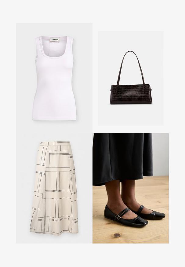 Hvid rippet ærmeløs tanktop med rund halsudskæring og Modström-mærke inden i kraven, vist på ensfarvet baggrund.; Beige midi-nederdel med sort uregelmæssigt rektangulært gittermønster, A-formet silhuet og detalje med sidesplit.; Sorte laklæder flade sko med firkantet tå, der har to stropper med spænder. Sålerne er flade på et lyst trægulv.; Rektangulær mørkebrun håndtaske med præget krokodilletekstur og to tynde skulderremme mod en ensfarvet baggrund.
