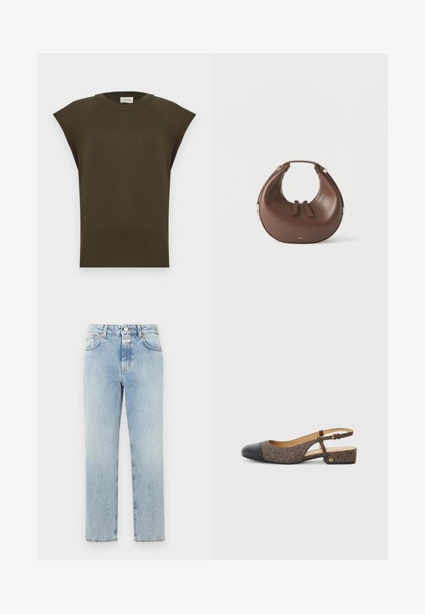 Mouwloze donkerolijfgroene gebreide top met ronde hals en geribde zoom, plat weergegeven tegen een lichte achtergrond.; Lichtblauwe denim jeans met een straight-leg ontwerp, vijf zakken en koperen hardwareaccenten. Kenmerkt zich door een vervaagde textuur en stevige stiksels.; Slingback schoen met een bruine gestreepte stoffen bovenkant en een zwarte leren neus. Heeft een kleine blokhak en een gespstrap.; Bruine, halvemaanvormige leren handtas met een bovenhandvat en dubbele ritssluitingen op een witte achtergrond.