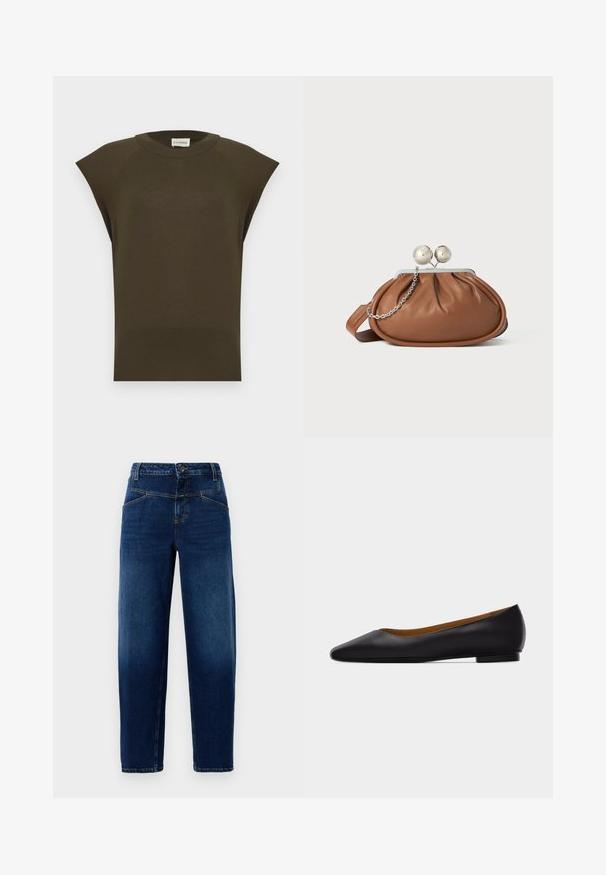Mouwloze donkerolijfgroene gebreide top met ronde hals en geribde zoom, plat weergegeven tegen een lichte achtergrond.; Donkerblauwe denim jeans met een rechte pijp, vijf zakken, sluiting met bovenste knoop en oranje stiksels.; Zwarte leren puntschoen met lage hak en gladde afwerking, zijaanzicht op een lichtgrijze achtergrond.; Bruine leren clutch met een zilveren balsluiting en een klein zilveren kettingdetail op een witte achtergrond.