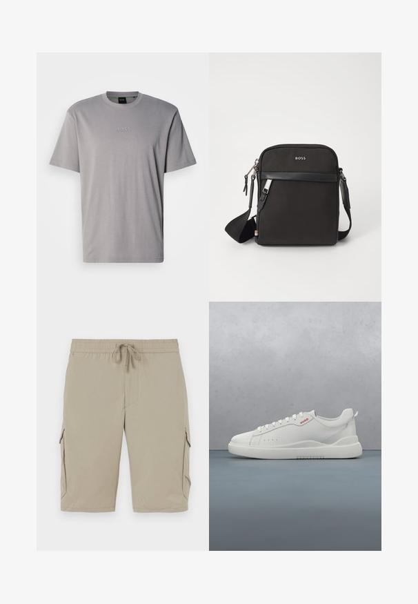 Lysegrå T-shirt med korte ærmer lavet af bomuld, med rund halsudskæring og præget "BOSS"-logo på brystet. Glat tekstur.; Beige cargo shorts med elastisk talje og snor. Har sidelommer og et glat, let stof.; Hvide sneakers med en glat læderfinish, rund tå, fire snørehuller, subtile perforeringer og en rød logo detalje på siden.; Sort crossbody taske med et struktureret stof, logo på fronten, lynlås lukning og justerbar rem. Har en glat læderkant.