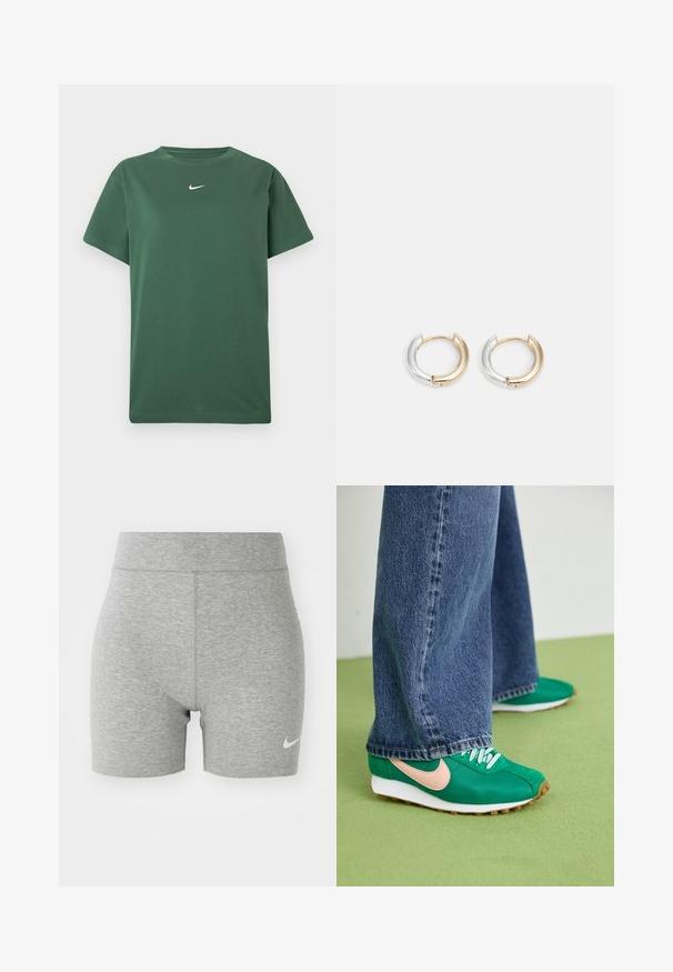 Grøn kortærmet Nike t-shirt med lille hvid swoosh-logo centreret nær halsudskæringen mod en hvid baggrund.; Grå atletiske shorts lavet af blødt stof, med høj talje og et lille hvidt Nike-logo på nederste venstre side.; Grønne atletiske sko med pink swoosh, snørebånd-design, tekstureret stof og hvide gummisåler. Kombineret med brede blå denimbukser.; Guld- og sølvøreringe med en blandet metallisk finish, der har et glat, buet design og en sømløs lukning.