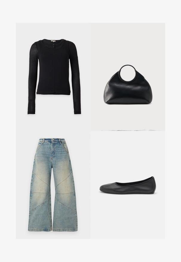Haut noir cintré à manches longues avec manches semi-transparentes, encolure ronde et deux petits boutons au col avant.; Jean bleu clair à jambes larges, taille haute, fermeture par bouton et zip, poches avant et détails de coutures diagonales.; Ballerines en cuir noir avec un bout rond, texture lisse, détails de couture minimalistes et design de semelle flexible.; Sac à main en cuir noir de forme arrondie avec une anse supérieure circulaire enveloppée de couture en cuir assorti.