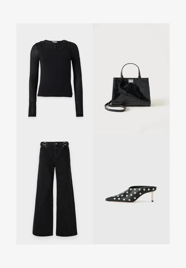 Haut noir cintré à manches longues avec manches semi-transparentes, encolure ronde et deux petits boutons au col avant.; Jean noir à jambes larges en denim, avec une taille haute, de grandes poches avant, et des accessoires ronds argentés à la ceinture.; STAND STUDIO KELSEY - Mules à talons - black; Sac à main en cuir verni noir avec poignées arrondies, bandoulière détachable et fermeture à boucle argentée sur fond blanc uni.