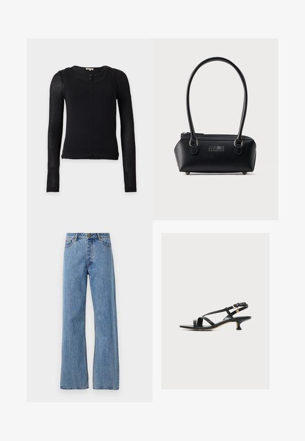 Sort tætsiddende top med lange ærmer, halvgennemsigtige ærmer, rund halsudskæring og to små knapper foran på kraven.; Lyseblå højtaljede lige jeans med frontknap, lynlås og femlomme-design på hvid baggrund.; Sort damesandal i læder med tynde krydsede stropper, lav kittenhæls og lille guldbeklædt spænde på ankremmen.; Sort rektangulær læderhåndtaske med dobbelte afrundede håndtag, lynlås i toppen og hvidt numerisk logo placeret midt på fronten.