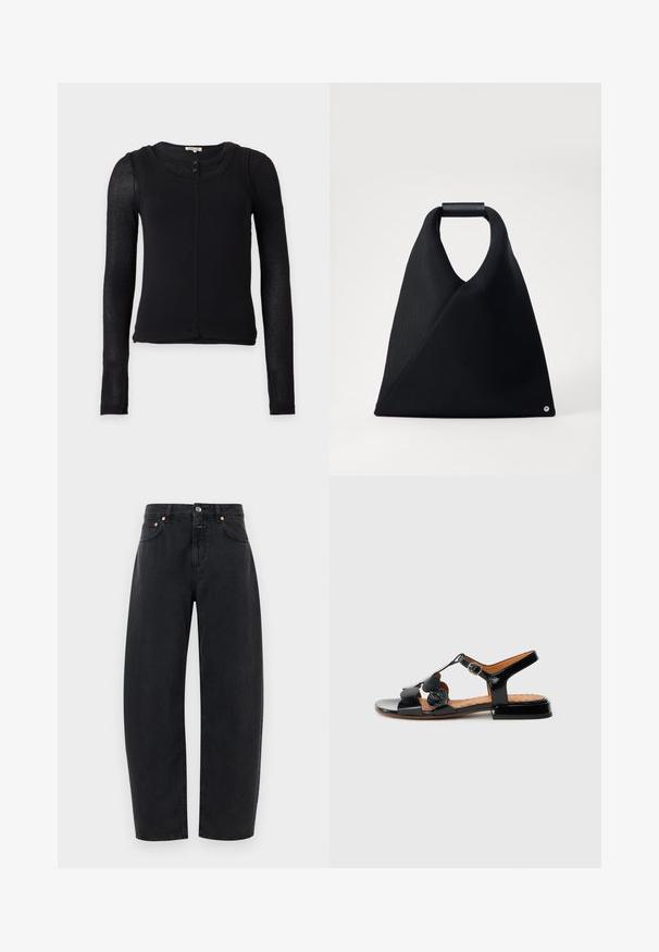 Haut noir cintré à manches longues avec manches semi-transparentes, encolure ronde et deux petits boutons au col avant.; Jean en denim noir avec un design à jambe droite, cinq poches et des accents en cuivre. Le tissu a une texture lisse et une couture classique.; Sandale noire avec une finition brillante en cuir verni, design à bride en T avec de grands accents à pois, fermeture à boucle et semelle intérieure texturée.; Sac fourre-tout noir en forme triangulaire, en tissu texturé, avec une poignée arrondie et un petit détail décoratif en bas.