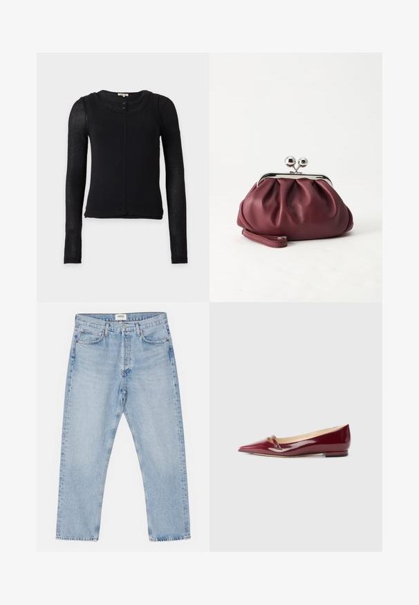 Schwarzes, eng anliegendes Langarmtop mit halbtransparenten Ärmeln, rundem Halsausschnitt und zwei kleinen Knöpfen am vorderen Kragen.; Helles blaues Denim mit klassischem geradem Schnitt, fünf Taschen und Knopfverschluss, mit subtilen Verfärbungen und robuster Textur.; Burgunderfarbene Lacklederballerinas mit spitzem Zehenbereich, ausgestattet mit einem kleinen Ausschnitt und einem niedrigen Absatz. Glatte Textur und elegantes Design.; Kleine burgunderrote Lederclutch mit silbernem Metallverschluss und Handgelenksriemen auf weißem Hintergrund.