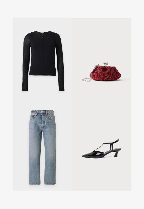 Schwarzes, eng anliegendes Langarmtop mit halbtransparenten Ärmeln, rundem Halsausschnitt und zwei kleinen Knöpfen am vorderen Kragen.; Helle blaue Jeans mit geradem Schnitt, hoher Taille und klassischem Fünf-Taschen-Design. Mit subtilen Ausbleichungen und einem Reißverschluss.; Schwarzer Slingback-Damenschuh aus Lackleder mit niedrigem Absatz, spitzer Spitze und dünnem Riemen mit kleiner Schnalle.; Kleine rote Perlen-Clutch mit silbernem Verschluss und Kettenriemen auf weißem Hintergrund.