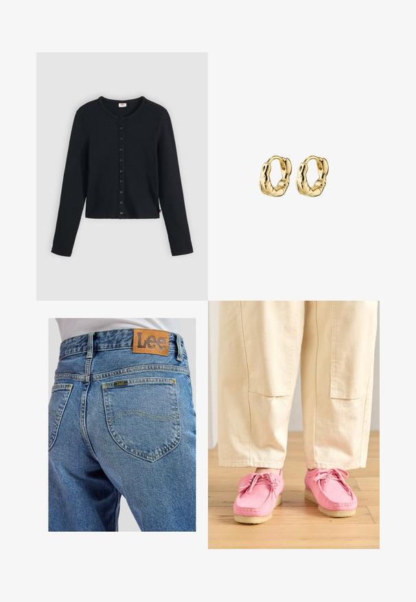 Sort ribstrikket cardigan med rund halsudskæring, lange ærmer og en række af seks knapper foran. Blød tekstur, kort længde.; Blå denimbukser med baglommer med gule syninger og et brunt lædermærke med Lee-brand på linningen.; Lyserøde ruskinds mokkasiner med snørebånd, med en struktureret overflade og en lys beige gummisål, parret med beige bukser.; Guld-tone hoops med en tekstureret, uregelmæssig design. De har en sikker lukkemekanisme og en glat, reflekterende overflade.