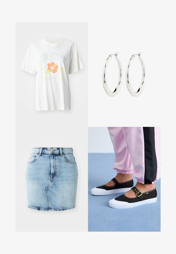 Camiseta de algodón blanca con un estampado gráfico de flores tropicales en naranja y amarillo, y con el texto "SUN KISSED 1990 Roxy."; Falda de mezclilla de color azul claro con una forma ajustada, cinco bolsillos, cierre de botón y cremallera, y detalles cosidos a lo largo del dobladillo.; Zapatillas de lona negras con suela blanca, con un diseño recortado y una correa con hebilla dorada. Combinadas con pantalones de chándal rosas.; Pendientes de aro de plata con un acabado suave y brillante. Forma circular, con un cierre seguro. Diseño sencillo y elegante.