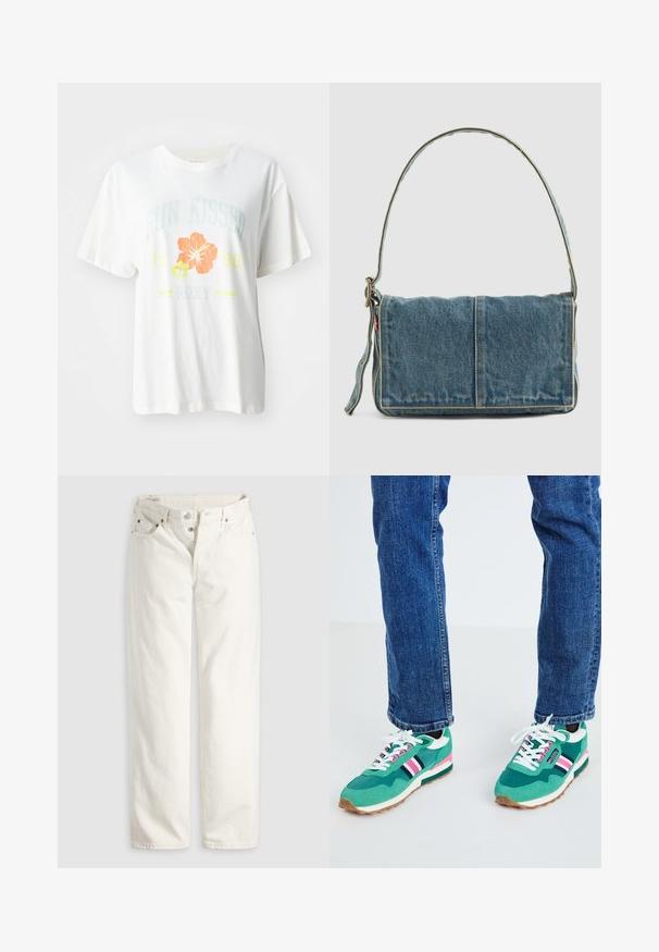 Hvid bomulds-t-shirt med et grafisk print af tropiske blomster i orange og gule nuancer samt tekst, der læser "SUN KISSED 1990 Roxy."; Hvide jeans med høj talje, lige ben, knaplukning, lommer foran og bagpå samt synlige kobbernitter i lommekanterne.; Grønne sports sneakers med hvide og marineblå accenter, pink stribe detalje og tekstureret stof. Snøret med hvide snørebånd; gummisål.; Denim skuldertaske med fold-over design, lys blå farve, synlige sømme, justerbar rem og en sidelabel-detalje.