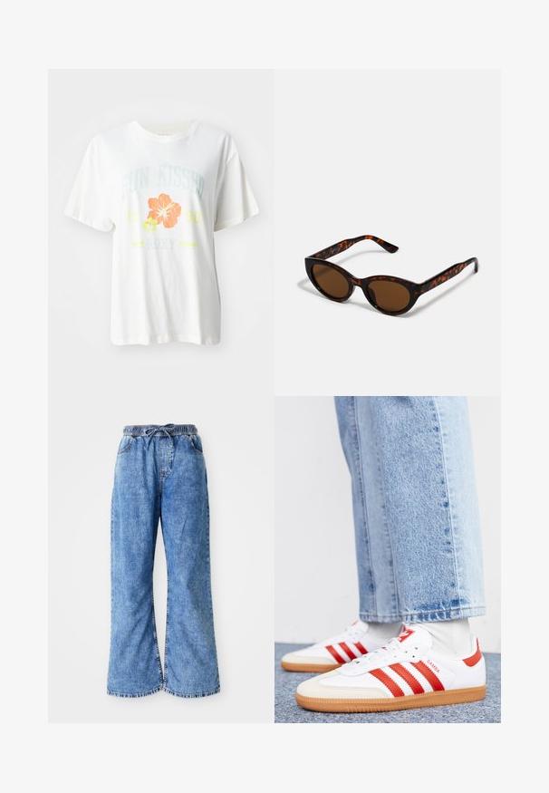 Weißes Baumwoll-T-Shirt mit einem grafischen Druck von tropischen Blumen in Orange und Gelb, sowie dem Text "SUN KISSED 1990 Roxy."; Helle blaue Denim-Hosen mit weitem Bein, elastischem Bund und Kordelzug. Verfügt über doppelt genähte Nähte und einen rohen Saum. Keine sichtbaren Taschen.; Weiße Leder Sneaker mit roten Streifen und Akzenten. Verfügt über eine strukturierte Gummi-Laufsohle und einen gepolsterten Schaft. Tragen mit hellblauer Jeans.; Braune Schildpatt-Sonnenbrille mit einer Vintage-Cat-Eye-Form und braunen Gläsern. Verfügt über gebogene Bügel mit roten Akzenten.