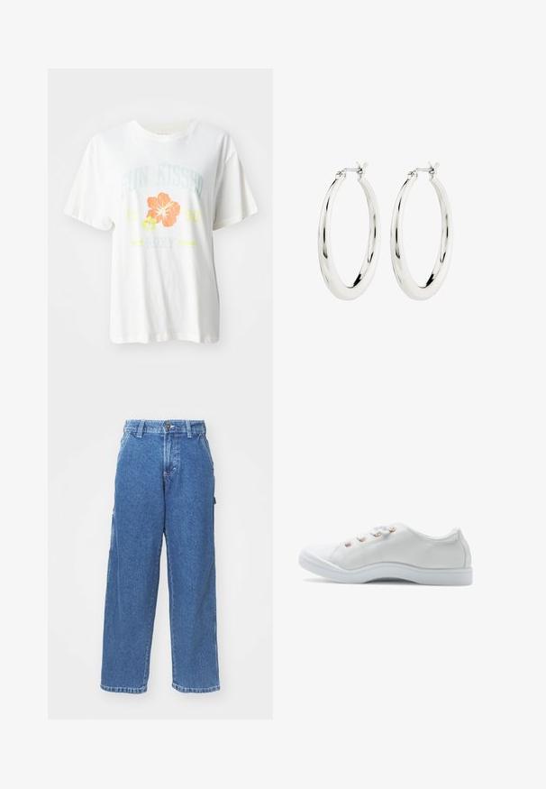 Hvid bomulds-t-shirt med et grafisk print af tropiske blomster i orange og gule nuancer samt tekst, der læser "SUN KISSED 1990 Roxy."; Blå denim wide-leg bukser med høj talje, knaplukning og sidelommer. Bleget vask med en blød tekstur og lige snit.; Hvide sneakers lavet af tekstureret materiale, med fem metalliske snøreringe, en rund tå og et glat, minimalistisk såldesign.; Sølvøreringe i form af hoops med en glat, blank finish. Cirkulær form, der har en sikker lås. Simpelt og elegant design.