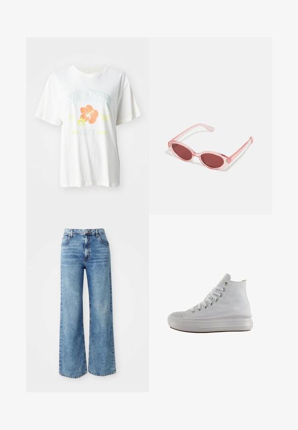 Weißes Baumwoll-T-Shirt mit einem grafischen Druck von tropischen Blumen in Orange und Gelb, sowie dem Text "SUN KISSED 1990 Roxy."; Hellblaue Denim-Jeans mit weit geschnittenem Bein und hoher Taille, ausgestattet mit fünf Taschen, einer Knopfverschluss und kontrastierender Naht entlang der Nähte.; Weißer High-Top-Canvas-Sneaker mit weißen Schnürsenkeln, metallischen Ösen, dicker Gummisohle und strukturierter Zehenkappe, nach links auf weißem Hintergrund ausgerichtet.; Pink transparente Sonnenbrille mit ovalen Gläsern, dunkler roter Tönung und schlanken Bügeln, ausgestattet mit einer glatten Oberfläche und dezenten Details am Rahmen.