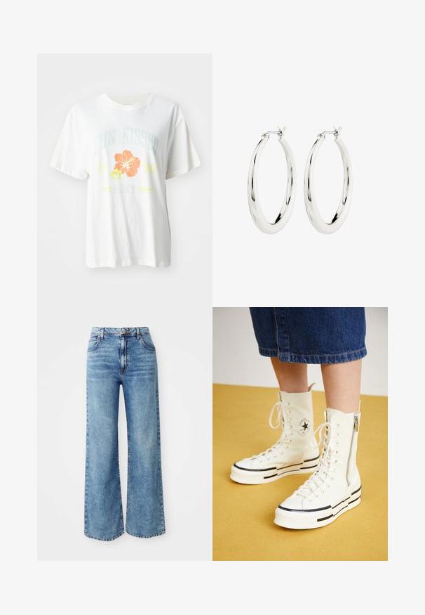 Weißes Baumwoll-T-Shirt mit einem grafischen Druck von tropischen Blumen in Orange und Gelb, sowie dem Text "SUN KISSED 1990 Roxy."; Hellblaue Denim-Jeans mit weit geschnittenem Bein und hoher Taille, ausgestattet mit fünf Taschen, einer Knopfverschluss und kontrastierender Naht entlang der Nähte.; Weiße High-Top-Sneaker mit Reißverschluss, Schnürdesign und schwarzen Streifenakzenten auf einer dicken Sohle. Texturiertes Canvas-Material.; Silberne Creolen mit einer glatten, glänzenden Oberfläche. Kreisform, ausgestattet mit einem sicheren Verschluss. Einfaches und elegantes Design.