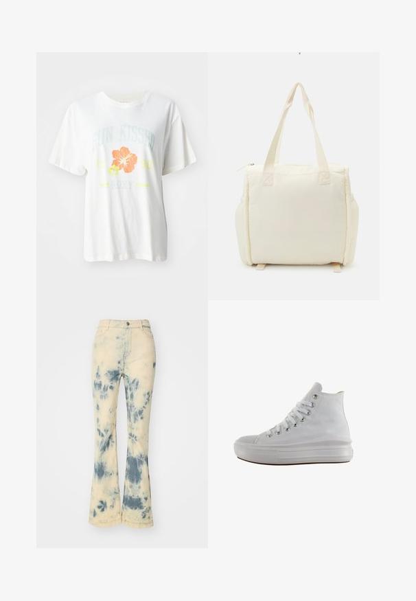 Weißes Baumwoll-T-Shirt mit einem grafischen Druck von tropischen Blumen in Orange und Gelb, sowie dem Text "SUN KISSED 1990 Roxy."; Helle cremafarbene Schlagjeans mit einem blauen Batikmuster. Aus Denim mit einer leicht strukturierten Oberfläche und standardmäßiger Fünf-Taschen-Design.; Weißer High-Top-Canvas-Sneaker mit weißen Schnürsenkeln, metallischen Ösen, dicker Gummisohle und strukturierter Zehenkappe, nach links auf weißem Hintergrund ausgerichtet.; Cremfarbene Tote-Bag mit weicher, gesteppter Textur und zwei stabilen Griffen. Verfügt über einen Reißverschluss und seitliche Taschen für zusätzlichen Stauraum.