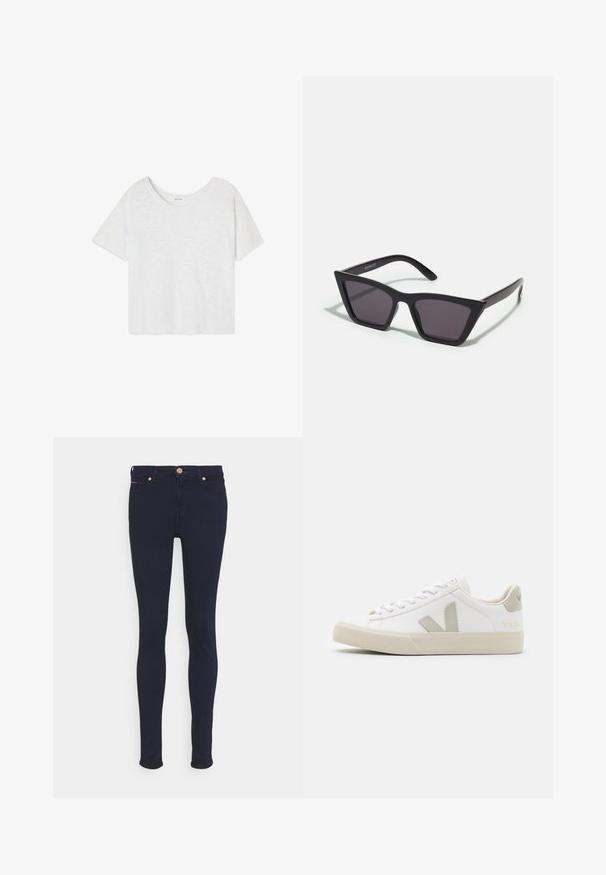 T-shirt blanc uni à manches courtes et coupe courte avec un col rond, présenté sur un fond blanc.; Jean skinny en denim bleu foncé avec une texture lisse, doté d'une fermeture éclair, de deux poches avant et d'un petit accent rouge au bord de la poche.; Baskets blanches en cuir avec des accents gris en forme de V, semelle en caoutchouc texturé, lacets blancs, et languette et col rembourrés.; Lunettes noires angulaires avec des verres gris ; fabriquées en plastique, avec des branches épaisses à la surface lisse et sans matériel visible.