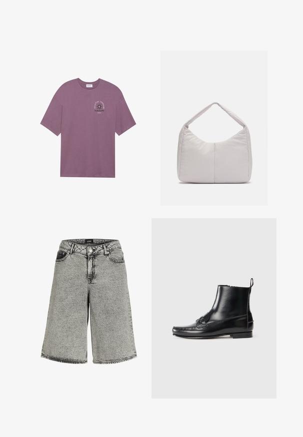 Lilla bomulds t-shirt med korte ærmer, med et frontgrafik af en stjerne og teksten "Celestial Symphony Solar Eclipse." Blød tekstur.; Denimshorts i falmet sort med løs pasform, der har høj talje, fem-lomme design og synlige syninger.; Sort læder ankelstøvle med rund tå, dekorativ rem og broderede detaljer. Glat tekstur og minimalistisk design med en lille hæl.; Lys grå polstret skuldertaske med en buet form, der har en enkelt håndtag og en glat, textured overflade. Simpelt design uden yderligere hardware.
