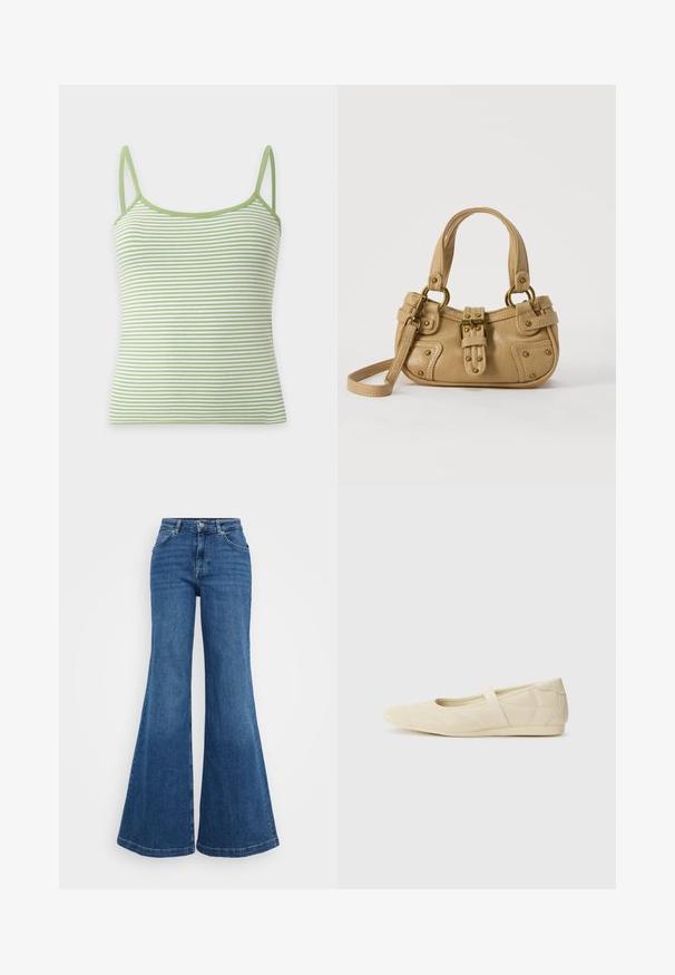 Grøn og hvid vandretstribet tanktop med tynde skulderstropper på hvid baggrund.; Blå denim flared jeans med høj talje, der har et klassisk five-pocket design og en glat tekstur. Kantene er brede og færdigbehandlede.; Lysebrune ballet flats med en glat læderoverflade, mandelformet tå og elastisk rem over vristen, med diskrete syninger.; Beige læderhåndtaske med dobbelte håndtag, messing spænde og nitte detaljer samt en justerbar skulderrem mod en hvid baggrund.