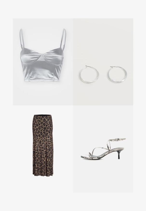 Bralette de satén plateado con tirantes finos ajustables, escote corazón y diseño retorcido en el centro. Textura suave y brillante.; Falda de estampado de leopardo en marrón y negro, con un diseño fluido y un sutil dobladillo con volantes, confeccionada en una tela ligera y suave.; Sandalia de tacón alto con tiras, patrón de piel de serpiente, tiras delgadas, hebilla en el tobillo y tacón negro delgado sobre fondo blanco.; Pendientes de aro de metal plateado con superficie lisa y ligeramente curvada y cierre de tipo mosquetón sobre un fondo blanco liso.