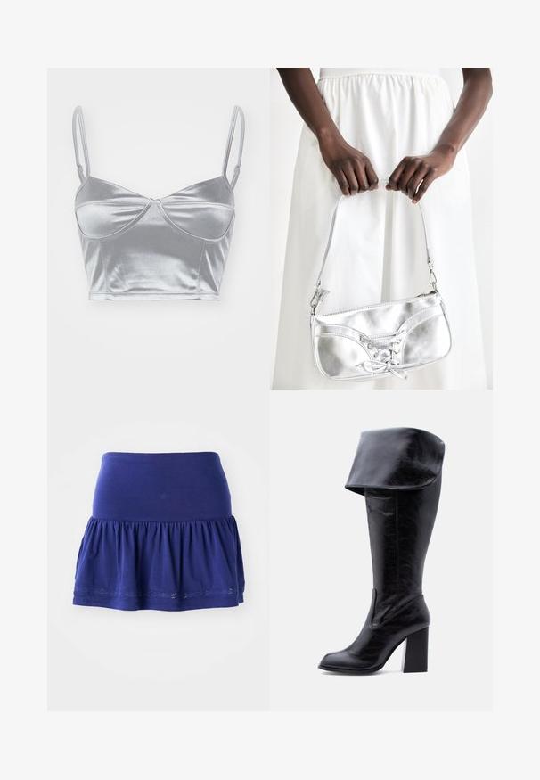 Silberne Satin-BH mit dünnen, verstellbaren Trägern, einem Herz-Ausschnitt und einem gedrehten Design in der Mitte. Glatte, glänzende Textur.; Dunkelblaues Jerseykleid mit einem gerafften Saum, elastischem Bund und dekorativem besticktem Saum. Weicher, leichter Stoff.; Hoher schwarzer Lederstiefel mit Absatz, umgeschlagenem Umschlag und abgerundetem Zehenbereich, steht aufrecht auf weißem Hintergrund.; Silberne metallische Handtasche mit Schnürdetail, die ein elegantes Design und einen kurzen Tragegurt aufweist. Die Tasche wird in den Händen gehalten und zeigt ihre Textur.
