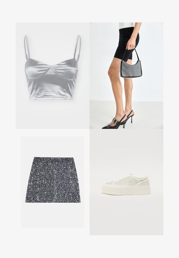 Zilveren satijnen bralette met dunne verstelbare bandjes, een sweetheart-halslijn en een gedraaide uitstraling in het midden. Glad, glanzend textuur.; Zilveren pailletten mini rok met een textuurpatroon en een rechte snit. De stof lijkt glanzend en reflecterend.; Witte platform sneakers met een tekstuuroverzicht en iriserende accenten, en een dikke ribbelzool. Veters en een trekband aan de achterkant.; Zwarte beaded handtas met een gebogen silhouet, draaghandvat en glanzende textuur. Draagt bij hoge zwarte hakken en strakke zwarte shorts.