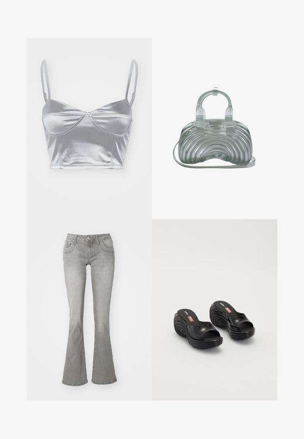 Bralette en satin argenté avec des fines bretelles réglables, un décolleté en cœur et un design torsadé au centre. Texture lisse et brillante.; Jeans gris évasés avec une taille mi-haute, poches avant et fermeture à bouton, fabriqués en denim avec une texture lisse.; Melissa MELISSA QUANTUM PLATFORM X DIESEL AD - Sandales de bain - black; Sac à main gris transparent avec design arrondi et côtelé, double poignée supérieure, fermeture éclair et bandoulière amovible sur fond blanc.