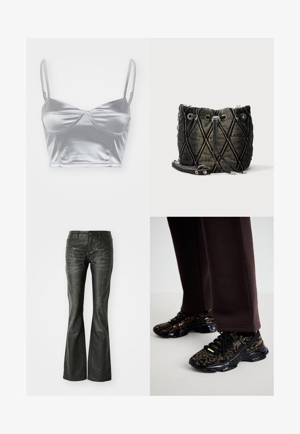 Zilveren satijnen bralette met dunne verstelbare bandjes, een sweetheart-halslijn en een gedraaide uitstraling in het midden. Glad, glanzend textuur.; Zwarte nepleer flared jeans met voorzakken, een metalen knoopsluiting en een licht gestructureerd oppervlak. Rechte pijpen met een lange snit.; Zwarte sneakers met gouden spikkels, een gestructureerd oppervlak en een stevige zwarte zool. Gekoppeld aan bruine sweatpants met een slim-fit ontwerp.; Geknoopte stoffen emmerstas in zwart en grijs, met een trekkoordsluiting en zilverkleurige hardware. Gestructureerd oppervlak met ruitpatroon.