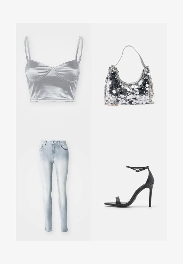 Hopeatoho hopeiset bralet, jossa on ohuet säädettävät hihnat, sydämen muotoinen pääntie ja kiertynyt muotoilu keskellä. Sujuva, kiiltävä pinta.; Vaaleansiniset skinny-farkut, jotka on valmistettu denimmateriaalista. Näissä on korkea vyötärö, viisi taskua ja hillitty haalistuminen reisien kohdalla. Kulutettu helma.; Musta korkeakorkoinen sandaalit avonaisella kärjellä, ohut remmi ja nilkkahihna. Silkinpehmeä nahkapinta ja kärjen terävä muoto.; Hopeatäplikkäinen laukku, jonka muoto on pyöreä, pehmeä kahva ja hopeaketjuolkain. Varustettu vetoketjukiinnityksellä ja heijastavilla yksityiskohdilla.