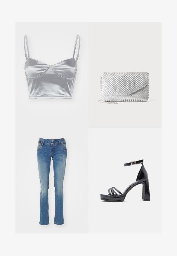 Bralette en satin argenté avec des fines bretelles réglables, un décolleté en cœur et un design torsadé au centre. Texture lisse et brillante.; Jean en denim bleu clair avec une légère décoloration, bas évasé, fermeture à deux boutons, design classique à cinq poches et détails de couture subtils.; Sandales à talons hauts en cuir verni noir avec un design à brides, bout ouvert, plateforme épaisse et bride de cheville avec boucle.; Pochette de soirée en maille argentée avec rabat enveloppe et fine bandoulière chaîne sur fond blanc uni.