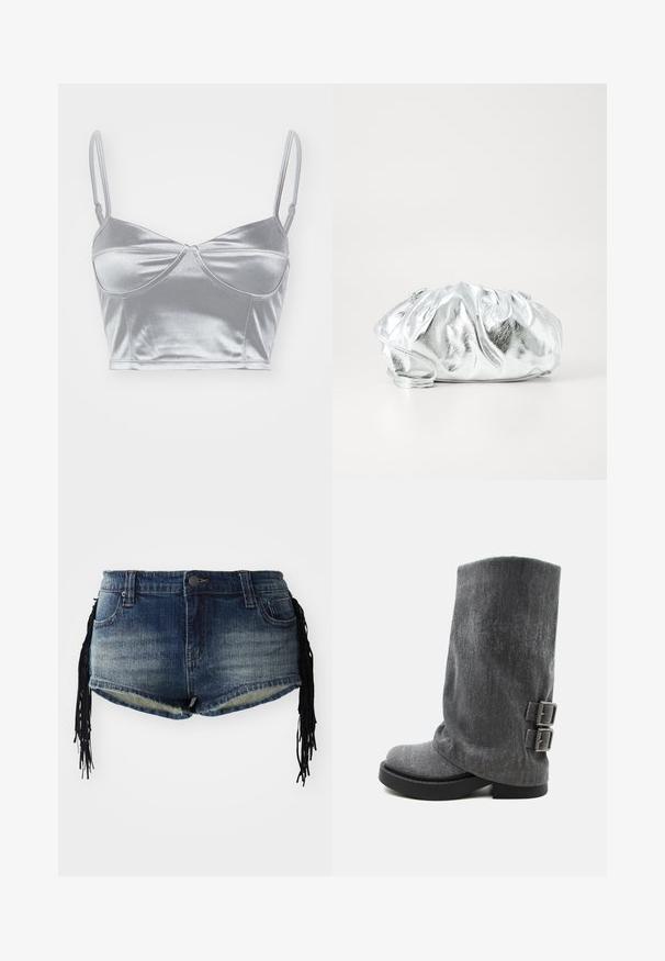 Zilveren satijnen bralette met dunne verstelbare bandjes, een sweetheart-halslijn en een gedraaide uitstraling in het midden. Glad, glanzend textuur.; Denim shorts in een verloop van blauw met een rafelige zoom en zwarte franjes aan de zijkanten, met voorzakken en een tailleband.; Grijze, slappe laars tot halverwege de kuit met zwarte zool en twee verstelbare zijgespen, weergegeven in zijaanzicht op een witte achtergrond.; Metalen zilveren clutch tas met een zachte, geplooide body en een dunne schouderriem. Kenmerkt zich door een gladde, glanzende textuur en afgeronde vorm.