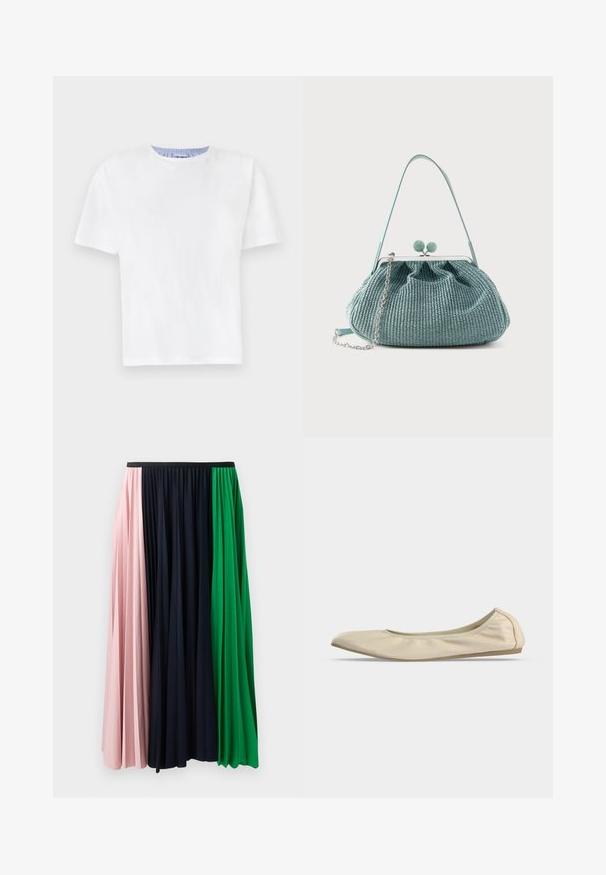 Hvid bomulds T-shirt med rund hals. Har korte ærmer og en blå stribet detalje på den indre halsudskæring. Blød tekstur, normal pasform.; Plisseret nederdel med paneler i pink, navy og grøn. Fremstillet af blødt stof med elastisk talje for en behagelig pasform.; Beige blødt læder balletsko med rundet tå, lavt snit i siden og tynd gummisål på en ensartet hvid baggrund.; Lille tekstureret lyseblå håndtaske med afrundet form, metalramme-låsning, top håndtag og aftagelig sølvkæde.