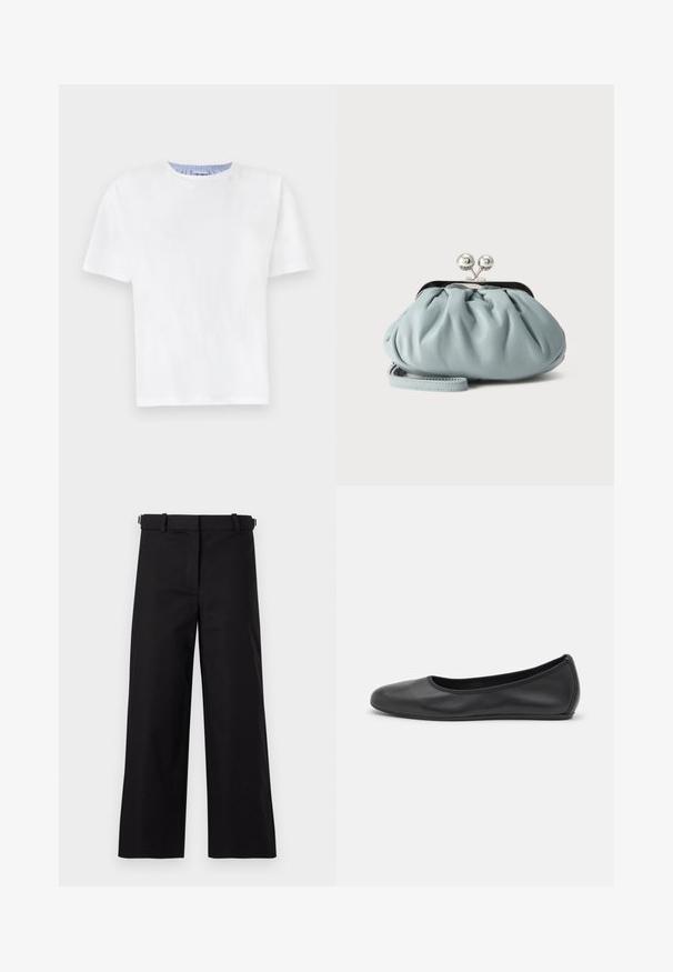Weißes Baumwoll-T-Shirt mit Rundhalsausschnitt. Hat kurze Ärmel und ein blau gestreiftes Detail am inneren Halsausschnitt. Weicher Stoff, normale Passform.; Schwarze weit geschnittene Hosen aus Baumwollstoff, ausgestattet mit einem Gürtel und einer glatten Textur, mit einem schlichten Frontdesign und ohne sichtbare Muster.; Schwarze Leder-Ballettschuhe mit abgerundeter Spitze, glatter Textur, minimalen Nähdetails und einem flexiblen Sohlen-Design.; Kleine hellblaue Leder-Münztasche mit silbernem Metall-Kissenschloss und kurzem Handgelenksriemen vor einfarbigem Hintergrund.