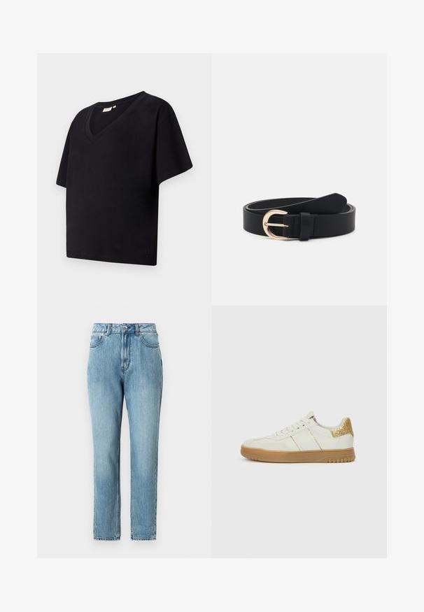 Must musta T-särk V-kaeluse, lühikeste varrukate ja vaba lõikega. Omab väikest brändi logo ääre lähedal.; TOM TAILOR DENIM Mom jeans - clean mid stone blue denim; Valged tennised tekstuurse nahkkattega ülaosas, kahe helekuldse triibu ja sädeleva kuldse kandekaunistusega. Kummist talla muster.; Must mustræble vöö kuldse metallist pandla, lame tekstuur ja üks kinnitussilmus; omab sileda viimistluse ja minimaalse disainiga.