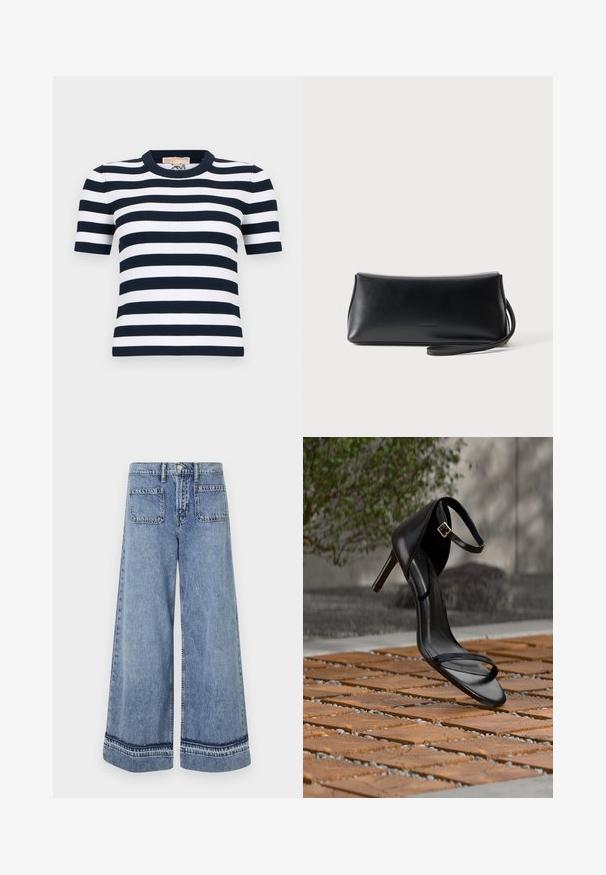 Haut à manches courtes en maille côtelée avec des rayures horizontales bleu marine et blanches et un col rond.; Jean en denim bleu clair à jambes larges avec une taille haute, deux poches arrière et des coutures contrastantes le long des ourlets.; Sandale noire à talon haut avec sangle à la cheville, suspendue au-dessus d'un sol en carreaux de bois à l'extérieur, avec un arrière-plan flou de verdure et de pierre.; Pochette en cuir noir lisse avec une fine lanière de poignet, forme rectangulaire, et logo embossé subtil centré sur le devant.