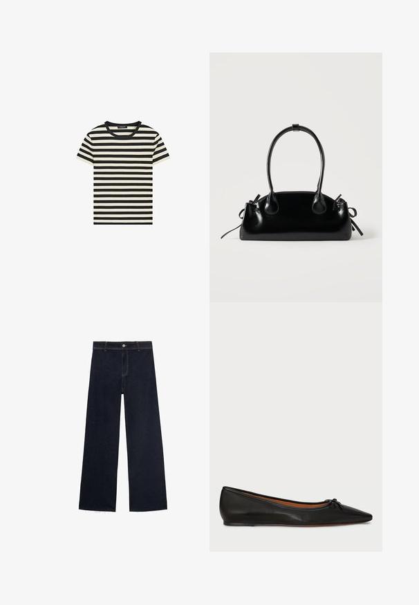 T-shirt à manches courtes rayé horizontalement noir et blanc avec un col rond noir.; Jeans larges bleu foncé avec un ourlet effiloché, dotés d'une braguette à boutons et zip, et d'un design classique à cinq poches avec des coutures contrastantes.; Ballet flat en cuir noir avec un bout pointu, une silhouette élancée et un petit nœud à l'avant. Texture lisse et design minimal.; Petit sac à main noir brillant avec deux longues anses et des détails à cordon sur les côtés sur un fond clair uni.