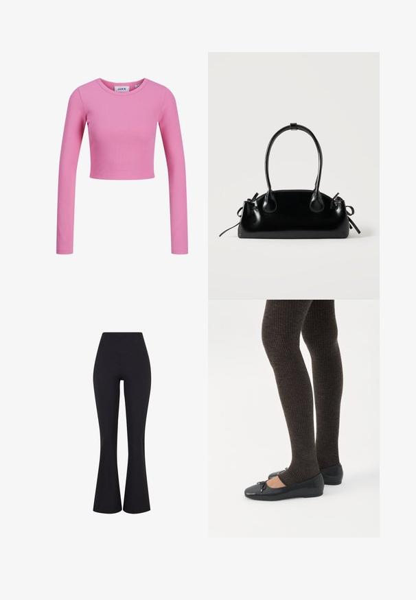 Langærmet, cropped top i lyserødt ribbet stof. Har en rund halsudskæring og et tætsiddende design med en glat tekstur.; Sorte, højtsiddende, flagrende bukser lavet af strækstof. Har en glat overflade og en tætsiddende silhuet omkring hofterne.; Ben iført mørke ribbede leggings kombineret med sorte balletsko med små sløjfedetaljer på hvid baggrund.; Lille sort blank håndtaske med to lange håndtag og snøre-detaljer i siden på en ensfarvet lys baggrund.