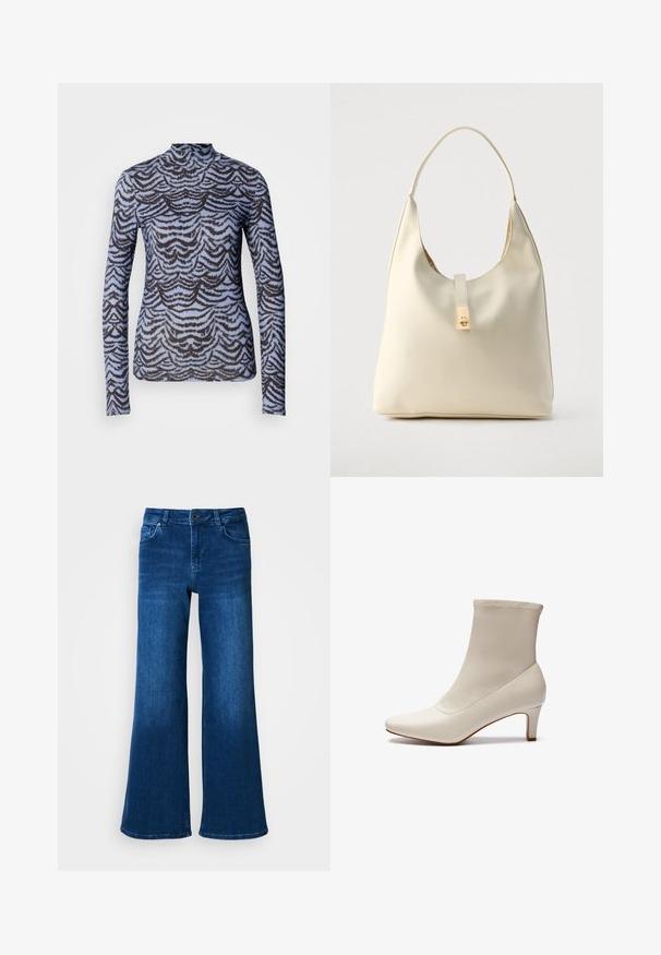 Scotch & Soda ALL OVER PRINTED MOCK NECK LONG SLEEVE - Longsleeve - blue; Blauwe denim wijde broek met hoge taille, heeft vijf zakken, knoop- en ritsluiting, en een gladde, gelijkmatige textuur.; Witte enkelboot gemaakt van glad leer met een spitse neus en een korte, taps toelopende hak. Beschikt over een minimalistisch ontwerp en een naadloos bovenwerk.; Crèmekleurige leren hobo-tas met een enkele schouderband, een gladde textuur en een goudkleurige sluiting aan de voorkant.