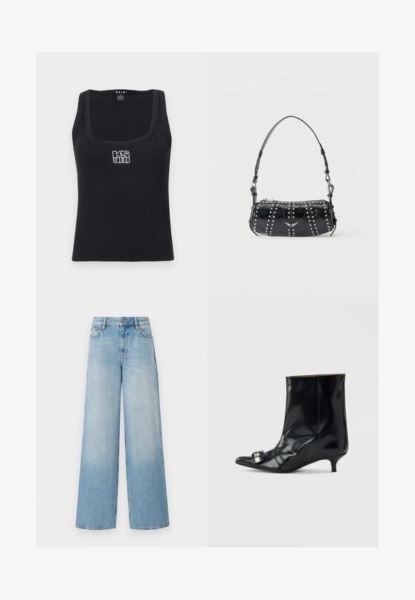 Schwarzes ribbeltes Tanktop mit quadratischem Ausschnitt und einem weißen gestickten Logo auf der Vorderseite. Hergestellt aus dehnbarem Material.; Helle blaue weit geschnittene Jeans mit hoher Taille, ausgestattet mit Verblassungen an den Beinen, Gürtelschlaufen sowie einem traditionellen Metallknopf und Reißverschluss.; Schwarzer Leder-Stiefelette mit spitzem Zehen, niedrigem Kitten-Heel und dekorativer silberner Schnalle seitlich nahe der Zehen.; Schwarze Schultertasche aus Lackleder mit silbernen Nieten in vertikalen Reihen und einem kleinen silbernen Vogel-Emblem in der Mitte vorne.