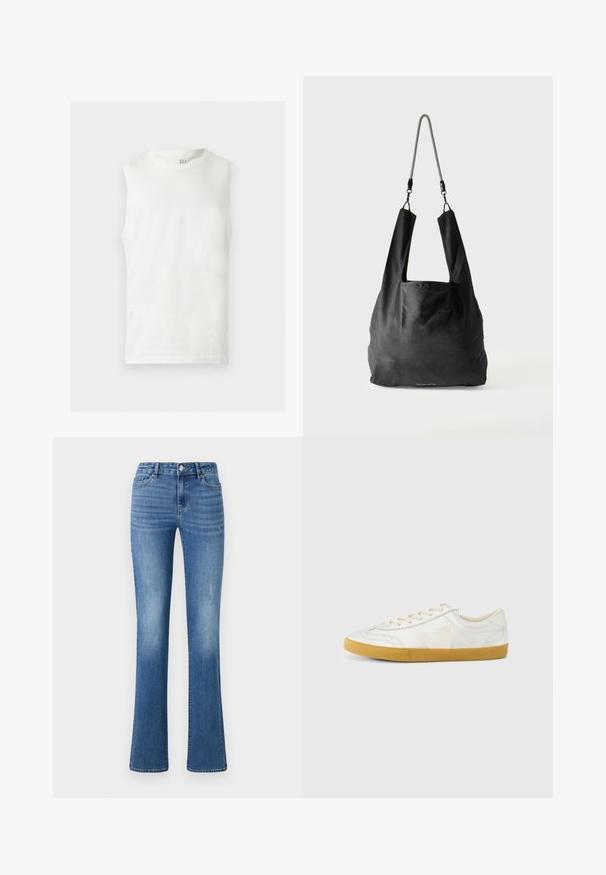 Hvid ærmeløs tanktop med rund halsudskæring med en lille GAP-logo på indersiden af kraven bagtil, fladt lagt på en lys baggrund.; ONLY ONLWAUW MID WAIST - Jeans Slim Fit - medium blue denim; Hvid lædersneaker med en glat tekstur, med en beige 'V'-logo, rund tå, snørelukning og en sål af gumgummi.; Sort blød stofnettaske med brede håndtag og en tynd sort-hvid flettet skulderrem.