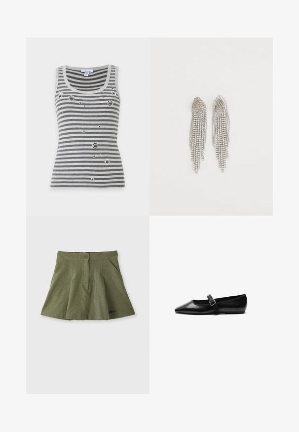 Hihaton harmaa-valkoraidallinen toppi pyöreällä pääntiellä ja hajanaisilla metallisilla silmäkkeillä edessä.; Nike Sportswear X NAOMI OSAKA SKIRT - Minihame - medium olive/blackened blue; Musta tasapohjainen nahkakenkä, jossa on terävä kärki, säädettävä remmi metallisoljella, sileä pinta ja minimalistikotyyli.; Hopeakorumet, joissa on vesiputouksen muotoinen malli, useita rivejä kimaltavia strasseja, teräväkärkisiä huippuja ja herkkiä ketjuakkentoja.