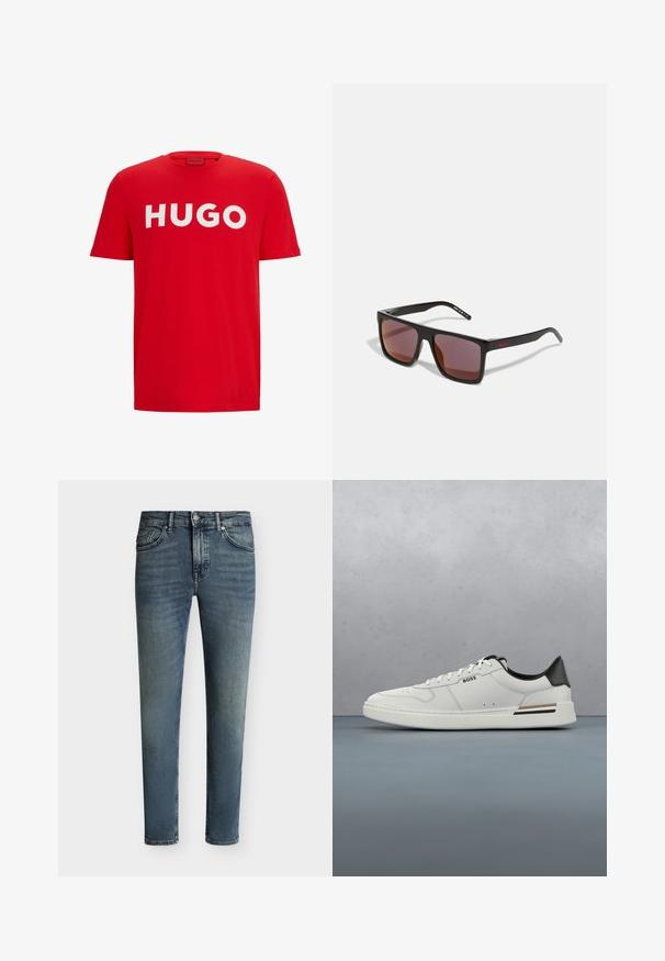 Červené bavlnené tričko s odvážnym bielym logom "HUGO" na hrudi. Krátke rukávy a štandardný okrúhly výstrih. Hladká textúra.; Modré vyblednuté priliehavé rifle s piatimi vreckami a zapínaním na gombík a zips na jednofarebnom pozadí.; Biele nízke tenisky s čiernou pätou, viazaním, jemnými perforáciami a logom "BOSS" na boku, zobrazené z vonkajšieho profilu.; Čierne obdĺžnikové slnečné okuliare s tmavočervenými sklami, s matným povrchom a červeným logo na ramene. Pevný plastový rám.