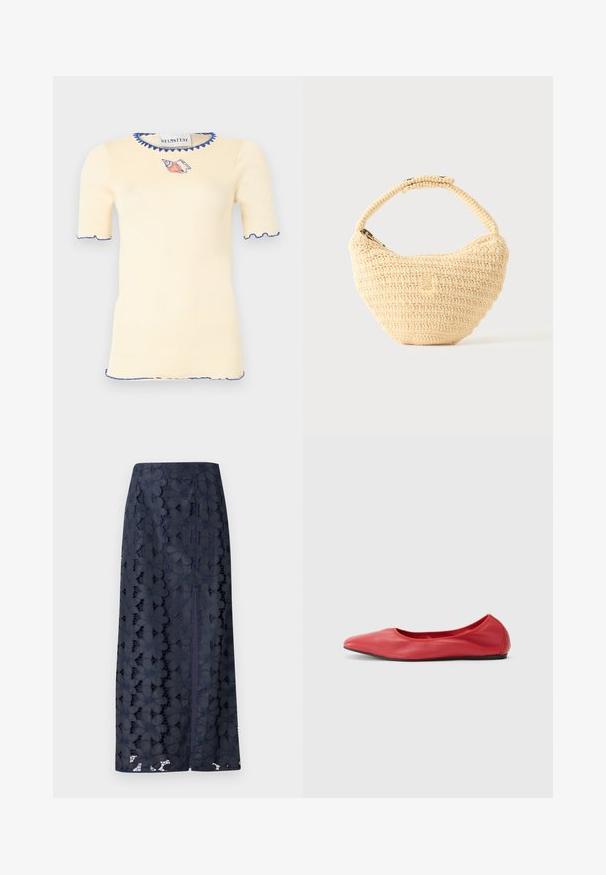 Haut en maille à manches courtes de couleur crème avec un bord festonné bleu sur le col, les manches et l'ourlet, présentant une petite broderie de coquillage rouge et bleu sous le col.; Jupe en dentelle bleu marine avec des motifs floraux, une coupe droite et une fente sur le côté pour faciliter les mouvements. Texture douce et détails complexes.; Filippa K REY FLATS - Ballerines - bright red; Sac à main beige tissé avec corps arrondi, fermeture éclair et une sangle courte et épaisse dans un style crochet simple et texturé.