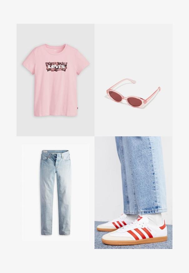 Lyserød bomulds T-shirt med et sort blomsterlogo og teksten "Levi's" i hvid, korte ærmer og rund halsudskæring.; Lyseblå denimjeans med lige ben, fem lommer og metal-knapper i en standard livvidde.; Hvide lædersneakers med røde striber og accenter. Har en tekstureret gummisål og polstret krave. Bæres med lyseblå denim.; Lyserøde transparente solbriller med ovale linser, mørkerød toning og slanke stænger, der har en glat overflade og diskret detaljering på rammen.