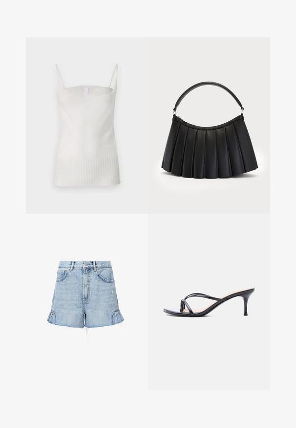 Hvid ærmeløs top med en glat overdel og en plisseret tekstur i bunden. Har tynde skulderstropper og en lige kant.; Lyseblå denimshorts med en flosset kant, der har sidelæber, forlommer og en knappelukning med lynlås.; Sort laklædersandal med hæl, tynde krydsede remme og en slank mellemhøj stilethæl på en hvid baggrund.; Sort plisseret håndtaske lavet af syntetisk læder, med et buet håndtag og lynlåslukning i toppen. Glat tekstur med struktureret design.