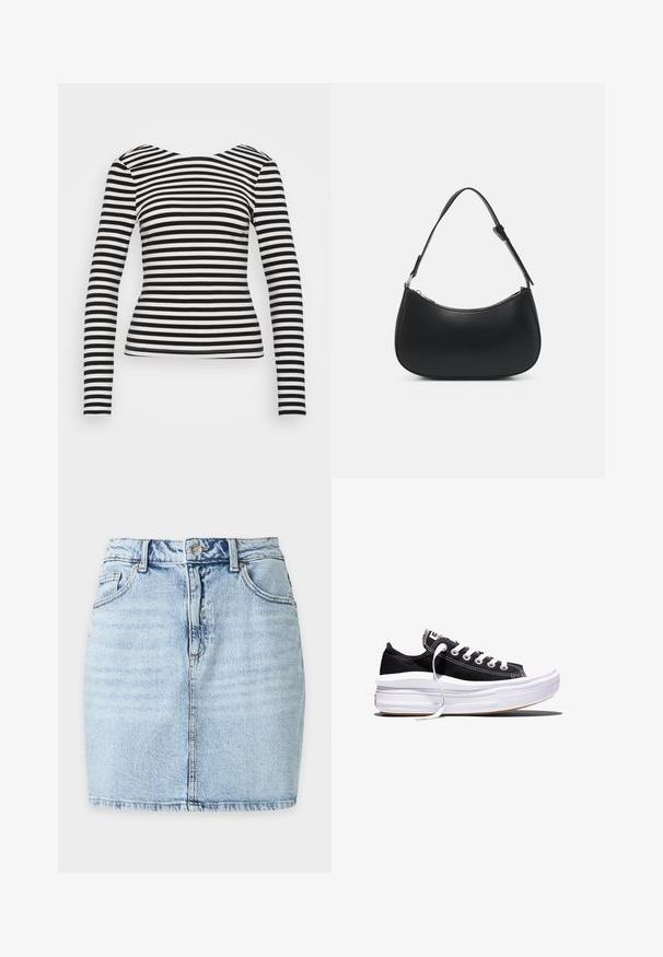 Sort-hvid stribet langærmet top med rund halsudskæring, tætsiddende design, glat stof og en ren afslutning ved kanten og manchetterne.; Lyseblå denim mininederdel med frontknap, bæltestropper, to forlommer og synlig lodret søm ned langs midten.; Sort lavt liggende lærreds-sneaker med hvide snørebånd og tyk, flerlags hvid gummisål mod en hvid baggrund.; Pieces PCALUANA SHOULDER BAG - Håndtasker - black